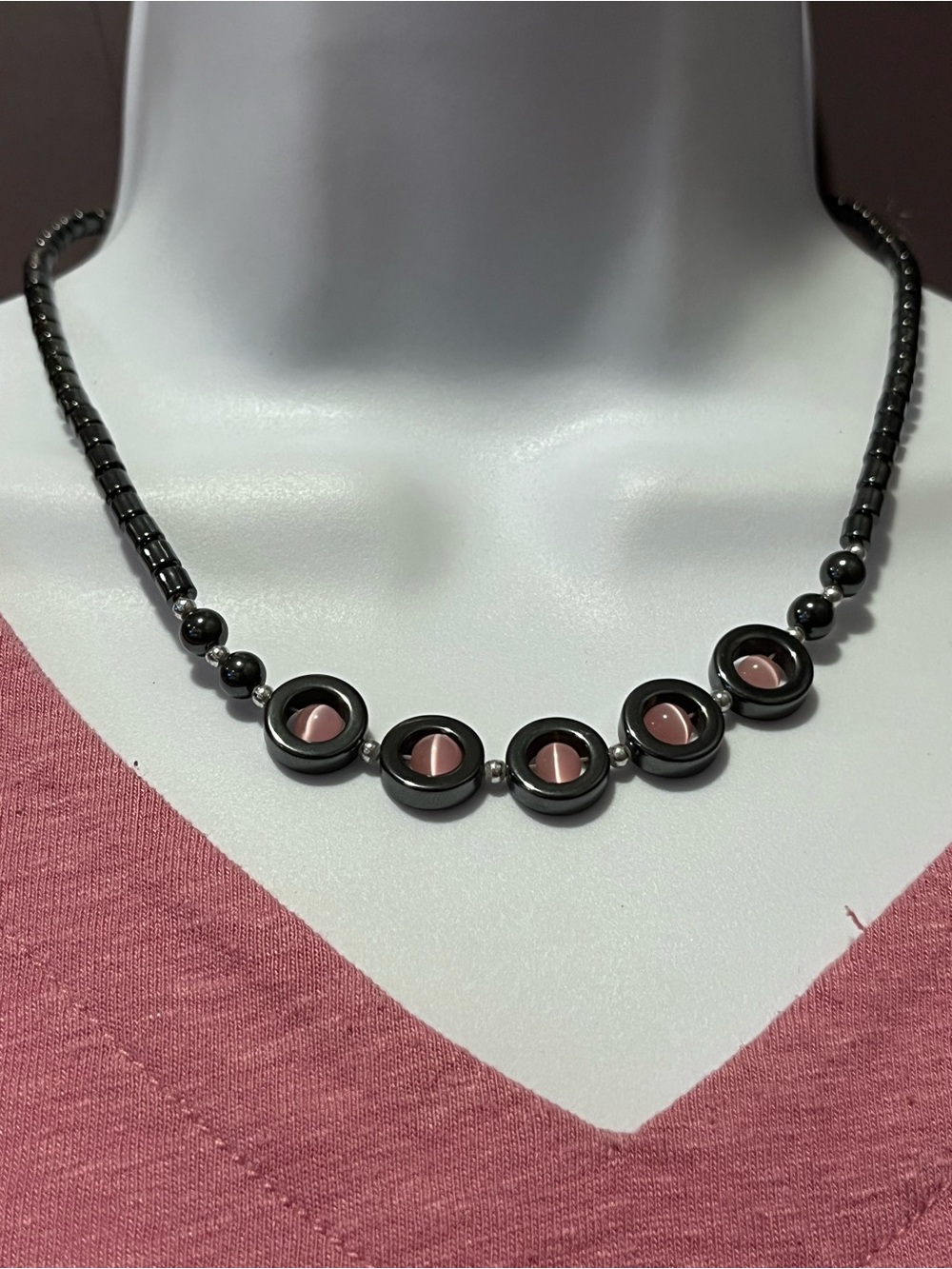 Hematite and Pink Glass Circle Bead Necklace - Women Jewelry